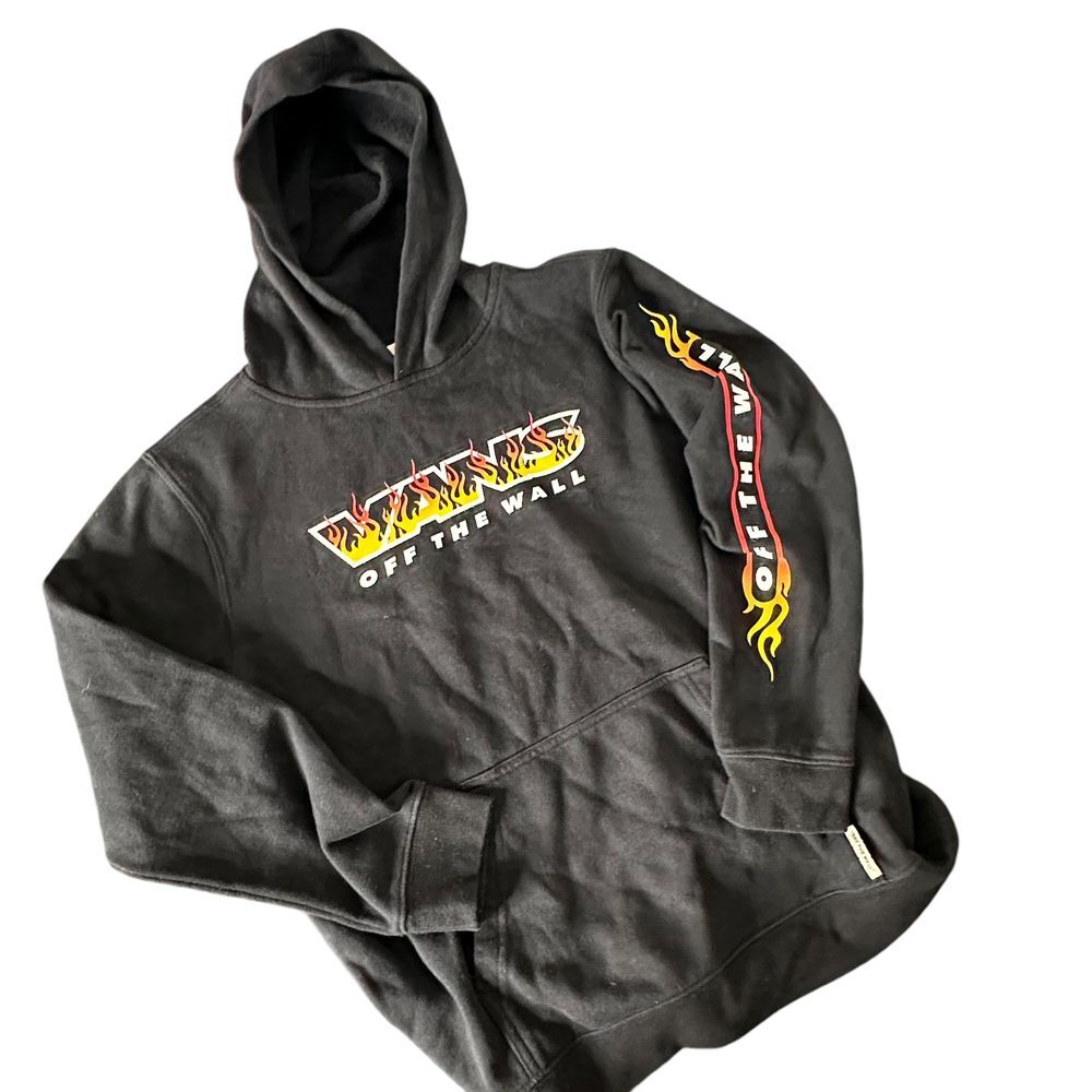 VANS Sweatshirt Youth Size L Black Hoodie Pullover Fire Flames Spellout Graphic